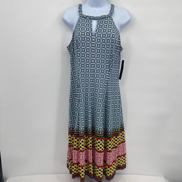 Maggy London Geo Printed Keyhole Neck Knee Length Dress  Blue Size 10 - Picture 1 of 10